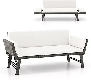 Outdoor Convertible Sofa Daybed with Adjustable Armrests, PE Rattan Patio Couch Furniture with Thick Cushions, for Porch, Balco