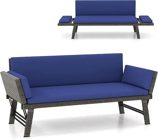 Outdoor Convertible Sofa Daybed with Adjustable Armrests, PE Rattan Patio Couch Furniture with Thick Cushions, for Porch, Balco