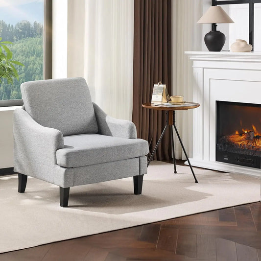 Linen Fabric Accent Chairs Set of 1, Beige Modern Upholstered Armchair, Comfy Sofa Chair Living Room Bedroom Furniture